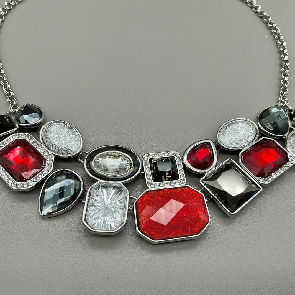 Chico's Necklace Red Black Rhinestone Silver Tone Geometric Bib Statement Chunky